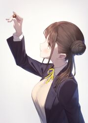 Rule 34 | 1girl, :t, arm up, blazer, breasts, brown hair, chocolate, double bun, food, hair bun, highres, holding, holding food, idolmaster, idolmaster shiny colors, jacket, lamchun (2006), looking up, medium breasts, neck ribbon, profile, ribbon, school uniform, simple background, solo, sonoda chiyoko, twintails, white background