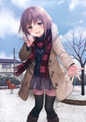 Rule 34 | 1girl, absurdres, aran sweater, bare tree, black thighhighs, breath, brown eyes, brown hair, brown skirt, cable knit, cloud, coat, day, fukahire (ruinon), head tilt, highres, house, open clothes, open coat, original, outdoors, outstretched arm, plaid, plaid scarf, playground, pleated skirt, power lines, red scarf, scan, scarf, skirt, sky, snow, solo, standing, sweater, swing, thighhighs, tree, window, winter