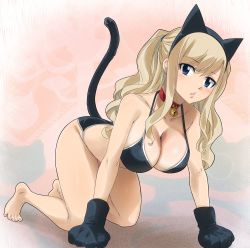 Rule 34 | 1girl, animal ears, barefoot, bikini, black bikini, blonde hair, blue eyes, blush, breasts, cat ears, cat girl, cat tail, cleavage, colorized, crawling, eden&#039;s zero, gaston18, highres, large breasts, long hair, looking at viewer, mashima hiro, necktie, rebecca bluegarden, simple background, solo, swimsuit, tail