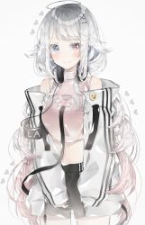 Rule 34 | 1girl, ahoge, armband, bare shoulders, black shorts, blue eyes, blush, breasts, closed mouth, commentary request, cowboy shot, grey background, hair ornament, hairclip, headphones, headphones around neck, heart, heterochromia, highres, jacket, long hair, long sleeves, medium breasts, off shoulder, open clothes, open jacket, original, pink hair, pink shirt, puffy long sleeves, puffy sleeves, red eyes, shirt, short shorts, shorts, siho (ricchil), silver hair, simple background, sleeveless, sleeveless shirt, sleeves past wrists, smile, solo, very long hair, white jacket, x hair ornament