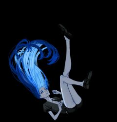 Rule 34 | 1other, absurdres, androgynous, bare legs, black background, black footwear, black necktie, blue eyes, blue hair, blue nails, blunt bangs, crystal hair, falling, floating hair, from side, full body, gem uniform (houseki no kuni), highres, houseki no kuni, iciriini, lapis lazuli (houseki no kuni), leg up, light particles, loafers, long hair, looking at viewer, necktie, other focus, puffy short sleeves, puffy sleeves, shoe soles, shoes, short sleeves, simple background, solo, straight hair, very long hair