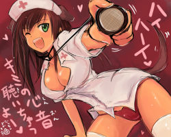 Rule 34 | 1girl, ;d, animal ears, blush, breasts, brown hair, cleavage, collarbone, dog ears, dog tail, federica n. doglio, green eyes, hat, large breasts, long hair, mishiro shinza, nurse, nurse cap, one eye closed, open mouth, panties, red background, red panties, smile, solo, stethoscope, strike witches, strike witches: kurenai no majo-tachi, tail, thighhighs, translation request, underwear, white thighhighs, world witches series
