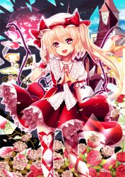 Rule 34 | 1girl, ascot, blonde hair, card, clock, clock tower, crystal, flandre scarlet, flower, full moon, grey flower, grey rose, hat, moon, open mouth, poker, red eyes, red flower, red moon, red rose, ribbon, rose, scarlet devil mansion, shirt, shishou (absolute area), short hair, side ponytail, skirt, smile, solo, thighhighs, touhou, tower, vest, white thighhighs, wings