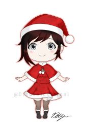 Rule 34 | 1girl, ankle boots, artist name, black hair, blush stickers, boots, chibi, christmas, commentary, draconety, dress, grey eyes, hat, highres, looking at viewer, multicolored hair, red hair, ruby rose, rwby, santa costume, santa hat, short hair, signature, smile, solo, thighhighs, watermark