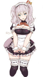 Rule 34 | 1girl, absurdres, alternate costume, apron, bag, black dress, black thighhighs, blush, breasts, cleavage, dress, enmaided, frilled dress, frills, highres, kantai collection, kashima (kancolle), large breasts, long hair, maid, maid headdress, one-hour drawing challenge, open mouth, red hair, ryo (tg290), shoulder bag, silver hair, simple background, solo, thighhighs, twintails, twitter username, waist apron, wavy hair, white apron, white background, wrist cuffs