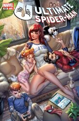 Rule 34 | 2boys, 2girls, animal print, beard, blue bodysuit, bodysuit, cat, cover, facial hair, father and daughter, father and son, highres, j. scott campbell, marvel, mary jane watson, mother and daughter, mother and son, multiple boys, multiple girls, official art, peter parker, red bodysuit, red hair, smile, spider-man, spider-man (series), spider print, spider web print, superhero costume, two-tone bodysuit
