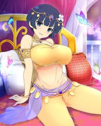 Rule 34 | 1girl, arabian clothes, arabian dress, bare shoulders, bed, bed invitation, blue eyes, blue hair, bracelet, breasts, bug, butterfly, covered navel, hair ornament, hands on bed, highres, insect, jewelry, large breasts, looking at viewer, necklace, open mouth, pillow, revealing clothes, senran kagura, sexually suggestive, short hair, sitting, smile, solo, spread legs, thighs, tiara, yozakura (senran kagura)