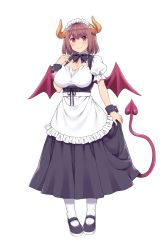 Rule 34 | 1girl, amane hasuhito, apron, black footwear, breasts, brown hair, curled horns, demon girl, demon horns, demon tail, demon wings, dress, frilled apron, frills, full body, highres, horns, large breasts, loafers, maid, maid headdress, monster girl, original, puffy short sleeves, puffy sleeves, red eyes, shoes, short hair, short sleeves, simple background, smile, solo, standing, tail, transparent background, white apron, white background, white legwear, wings, wrist cuffs