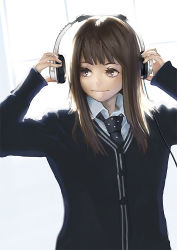 Rule 34 | 1girl, 2channel, aro (charged time out), brown eyes, brown hair, cardigan, closed mouth, hands on headphones, headphones, long hair, looking to the side, necktie, okamoto rei, original, photo-referenced, sideways glance, smile, solo, sweater, third-party source, upper body