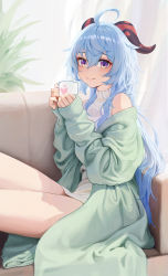 1girl absurdres ahoge alternate_costume bare_shoulders cardigan casual coffee_mug couch cup curtains ganyu_(genshin_impact) genshin_impact green_cardigan heart highres holding holding_cup indoors long_hair long_sleeves looking_at_viewer mug off_shoulder on_couch purple_eyes ritae sitting smile sweater thighs turtleneck turtleneck_sweater