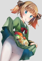 Rule 34 | 1girl, blue eyes, blush, brown hair, brown ribbon, candy, closed mouth, comah, commentary request, dutch angle, food, food in mouth, green shirt, green skirt, grey background, hachijou (kancolle), hair ribbon, highres, kantai collection, lollipop, long sleeves, pantyhose, pleated skirt, ribbon, shirt, sidelocks, simple background, skirt, skirt basket, solo, twintails, white pantyhose
