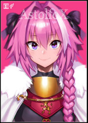 Rule 34 | 1boy, astolfo (fate), black bow, black ribbon, black shirt, blouse, bow, braid, character name, content rating, fang, fate/apocrypha, fate/grand order, fate (series), glint, gold trim, gorget, hair between eyes, hair intakes, hair ribbon, interlocked mars symbols, male focus, mars symbol, meme50, multicolored hair, pink hair, purple eyes, ribbon, shirt, single braid, solo, streaked hair, trap