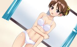 Rule 34 | 1girl, absurdres, belly, blush, bow, bow panties, bra, breasts, brown hair, commission, curtains, eyebrows, go! go! nippon! 2015, go! go! nippon! live with you!, go! go! nippon! ~my first trip to japan~, hair ribbon, highres, kiniro tofu, legs, manga gamer, misaki akira, panties, red eyes, ribbon, thighs, underwear, virtual youtuber, white bra, white panties, window