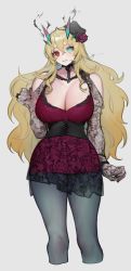 Rule 34 | 1girl, bare shoulders, barghest (fate), black hat, blonde hair, blue eyes, breasts, camisole, cleavage, collarbone, corset, denim, earrings, fangs, fate/grand order, fate (series), hat, heterochromia, highres, horns, jeans, jewelry, large breasts, long hair, looking at viewer, pants, pantyhose, red camisole, red eyes, smile, solo, tan (inka), thighs, tight clothes, tight pants, underbust