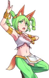 Rule 34 | 1girl, :o, animal ear fluff, animal ears, arm up, armlet, armpits, bare shoulders, bracelet, crotchless, crotchless pants, dancer, eyes visible through hair, green eyes, green hair, hair ornament, highres, jewelry, kotri (rabi-ribi), looking at viewer, midriff, navel, necklace, pants, rabi-ribi, solo, speckticuls, tail, teeth, transparent background, twintails, upper body, upper teeth only