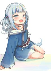 Rule 34 | 1girl, aqua hair, blue hair, blue hoodie, blunt bangs, blush, commentary, drawstring, driftingtiger, english commentary, fins, fish tail, gawr gura, gawr gura (1st costume), highres, hololive, hololive english, hood, hoodie, light blue hair, long hair, long sleeves, looking at viewer, multicolored hair, on ground, shark tail, sharp teeth, sidelocks, silver hair, smile, solo, streaked hair, tail, teeth, virtual youtuber, white background, white hood, wide sleeves