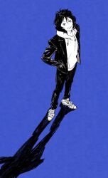 Rule 34 | 1boy, absurdres, androgynous, blue background, chengongzi123, chinese commentary, commentary request, full body, greyscale, greyscale with colored background, haikyuu!!, hand in pocket, highres, hood, hood down, hoodie, jacket, long sleeves, looking at viewer, male focus, medium hair, monochrome, open mouth, pants, shadow, shoes, simple background, sneakers, standing, udai tenma