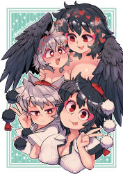 Rule 34 | 2girls, areola slip, black hair, blush, breasts, carte, cleavage, covered erect nipples, half-closed eyes, hat, heart, heart-shaped pupils, highres, inubashiri momiji, large breasts, looking at another, looking at breasts, looking at viewer, multiple girls, open mouth, puffy nipples, red eyes, red headwear, shameimaru aya, smile, symbol-shaped pupils, teeth, tokin hat, tongue, tongue out, touhou, upper teeth only, v, white hair