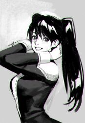 Rule 34 | 1girl, absurdres, breasts, d.gray-man, from side, greyscale, hand on own neck, hands up, highres, korean commentary, lenalee lee, long hair, long sleeves, looking at viewer, looking to the side, medium breasts, monochrome, osuk2, simple background, smile, solo, twintails, upper body