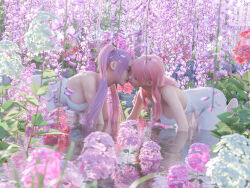 Rule 34 | 2girls, 3d, breasts, camisole, flower, french kiss, highres, imminent kiss, kiss, large breasts, multiple girls, nekotamamofu, original, pink hair, pink theme, purple hair, scenery, school uniform, sideboob, tongue, tongue out, underwear, water, yuri