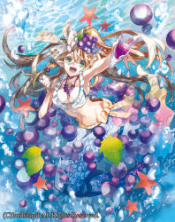 Rule 34 | 1girl, alcohol, bow, breasts, brown hair, bubble, cardfight!! vanguard, cleavage, company name, cup, drinking glass, fins, food, food-themed hair ornament, fruit, grapes, green eyes, hair ornament, head fins, jewelry, leaf, long hair, mermaid, midriff, monster girl, mystery smile aral, navel, necklace, official art, open mouth, ponytail, solo, star (symbol), teeth, tibino, underwater, wine, wine glass