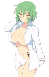 Rule 34 | 1girl, absurdres, arm behind head, blush, body blush, breasts, cleavage, collarbone, commentary request, convenient censoring, cowboy shot, expressionless, green hair, hair between eyes, highres, hikage (senran kagura), ichiryuu tsumiki, large breasts, naked shirt, navel, no bra, open clothes, open shirt, parted lips, senran kagura, shiny skin, shirt, short hair, sidelocks, simple background, slit pupils, solo, standing, stomach, tattoo, tsurime, white background, yellow eyes
