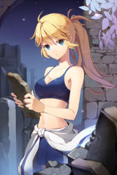 Rule 34 | 1girl, ahoge, armpits, bare arms, bare shoulders, blonde hair, blue eyes, breasts, cleavage, clothes around waist, collarbone, expressionless, flower, holding, jacket, jacket around waist, long hair, lowres, midriff, navel, night, odien (sword girls), open mouth, outdoors, ponytail, salt (salty), shirt, shorts, solo, sports bra, star (symbol), sword girls, tied shirt, water, waterfall
