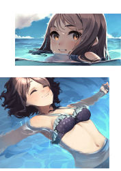 Rule 34 | 22/7, absurdres, afloat, brown hair, closed eyes, cloud, floating, highres, hiiragi tsubomi, in water, looking at viewer, medium hair, motsu (onli neet), ocean, outstretched arms, partially submerged, sky, smile, sunlight, swimsuit, water, wet, wet hair