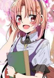 Rule 34 | 1girl, absurdres, alternate hair length, alternate hairstyle, bad id, bad pixiv id, bear hair ornament, blush, book, cherry blossoms, cross, cross necklace, gakkou gurashi!, hair between eyes, hair ornament, highres, holding, holding book, jewelry, looking at viewer, necklace, aged up, open mouth, pink eyes, pink hair, short sleeves, sinakyo, smile, spoilers, takeya yuki, watch, x hair ornament