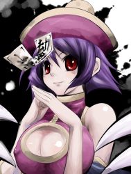 Rule 34 | 1girl, bare shoulders, blue hair, breasts, capcom, chinese clothes, cleavage, cleavage cutout, clothing cutout, colored skin, grey skin, hat, jiangshi, katori (mocchidou), large breasts, lei lei, qingdai guanmao, red eyes, short hair, solo, vampire (game)