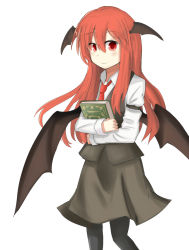 Rule 34 | 1girl, bad id, bad pixiv id, bat wings, book, hugging book, head wings, highres, hinami047, holding, holding book, hugging object, koakuma, long hair, looking at viewer, low wings, necktie, red eyes, red hair, red necktie, simple background, skirt, skirt set, smile, solo, touhou, white background, wings