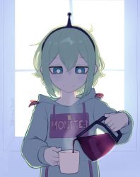 Rule 34 | 1girl, amano pikamee, bags under eyes, blue eyes, bright pupils, closed mouth, clothes writing, coffee, coffee pot, commentary, english commentary, green hair, green hoodie, green theme, hairband, highres, holding, hood, hood down, hoodie, jitome, long sleeves, medium hair, pitcher (container), pouring, smile, solo, twitter username, upper body, virtual youtuber, voms, white pupils, yoako