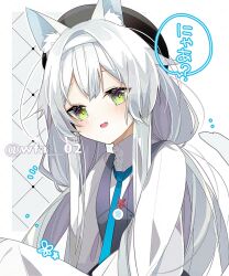 Rule 34 | 1girl, alternate costume, animal ear fluff, animal ears, arknights, artist name, black headwear, blue necktie, blush, cat ears, cat girl, cat tail, commentary request, fang, green eyes, grey hair, hairband, itsuki 02, long hair, looking at viewer, low twintails, necktie, open mouth, rosmontis (arknights), shirt, skin fang, solo, speech bubble, tail, twintails, twitter username, waistcoat, white hairband, white shirt