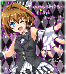 Rule 34 | 1girl, artist name, black bow, black bowtie, blue eyes, blush, bow, bowtie, breasts, brown hair, dated, fingerless gloves, gloves, hair ornament, highres, looking at viewer, lyrical nanoha, mahou shoujo lyrical nanoha, mahou shoujo lyrical nanoha a&#039;s, one eye closed, open mouth, san-pon, short hair, small breasts, smile, solo, upper body, white gloves, x hair ornament, yagami hayate