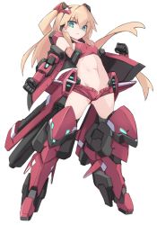 Rule 34 | 1girl, armor, blonde hair, clenched hands, closed mouth, commentary request, densou tenshi valforce, full body, green eyes, highres, karukan (monjya), long hair, looking at viewer, mecha musume, midriff, misawa elena, navel, red footwear, red shorts, short shorts, shorts, simple background, solo, standing, two side up, unbuttoned, white background