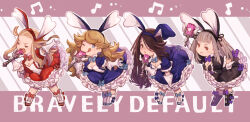 Rule 34 | 4girls, ;p, agnes oblige, animal ears, black dress, black footwear, blonde hair, blue dress, bow, bowtie, bravely default (series), bravely second: end layer, breasts, brown eyes, brown hair, cleavage, closed eyes, copyright name, dress, edea lee, fake animal ears, frilled dress, frills, full body, gloves, hairband, highres, holding, holding microphone, irono16, long hair, looking at viewer, magnolia arch, medium breasts, microphone, multiple girls, music, musical note, one eye closed, open mouth, puffy short sleeves, puffy sleeves, praline a la mode, purple bow, rabbit ears, red dress, red eyes, short sleeves, singing, smile, tongue, tongue out, white gloves