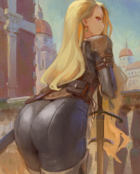 Rule 34 | 1girl, armor, ass, back, belt, bodysuit, commentary request, earrings, grin, jewelry, kazo (kazozakazo), leather armor, long hair, looking at viewer, original, pouch, purple eyes, sheath, smile, solo, sword, thighhighs, weapon