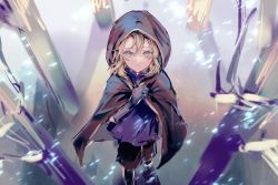 Rule 34 | 1boy, albedo (genshin impact), androgynous, blonde hair, blue eyes, cloak, cocona w, genshin impact, highres, hood, hood up, looking at viewer, looking up, snow, solo, storm, tattoo