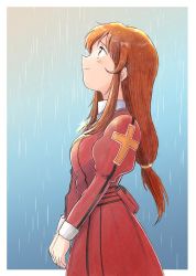 Rule 34 | 1girl, brown eyes, brown hair, closed mouth, cross, cross necklace, dress, erica fontaine, glint, jewelry, juliet sleeves, long hair, long sleeves, looking up, low-tied long hair, necklace, profile, puffy sleeves, rain, red dress, sakura taisen, sakura taisen iii, sidelocks, smile, tsubobot, upper body