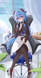 Rule 34 | absurdres, ahoge, artist name, black bow, black panties, black shirt, black thighhighs, blue hair, blush, bow, breasts, cat, chair, clothes lift, dated, finger to mouth, flower, frilled shirt, frilled sleeves, frills, full body, ganyu (china merchants bank) (genshin impact), ganyu (genshin impact), genshin impact, glasses, high-waist skirt, high heels, highres, holy guagua, horns, keqing (genshin impact), lace, lace panties, lifting own clothes, long hair, long skirt, long sleeves, looking at viewer, medium breasts, office, official alternate costume, panties, panty peek, petals, purple eyes, qingxin flower, red-framed eyewear, semi-rimless eyewear, shirt, shirt tucked in, sidelocks, sitting, skirt, skirt lift, smile, table, thighhighs, thighs, turtleneck, underwear, white flower, white skirt, window
