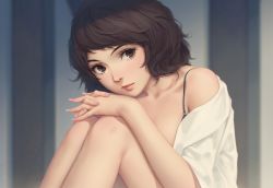 Rule 34 | 1girl, bare legs, bare shoulders, black bra, black hair, blurry, blurry background, bra, brown eyes, closed mouth, collarbone, depth of field, feet out of frame, fingernails, highres, kawakami sadayo, knees up, looking at viewer, miura-n315, off shoulder, open clothes, open shirt, own hands together, persona, persona 5, pink lips, shirt, short hair, sitting, solo, swept bangs, underwear, white shirt