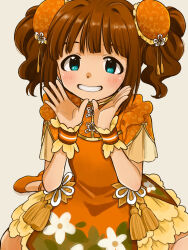 Rule 34 | 1girl, blue eyes, blush, brown hair, bun cover, dress, floral print, frilled dress, frills, grin, hair ornament, hands up, highres, idolmaster, idolmaster (classic), looking at viewer, medium hair, naruse ill, orange dress, orange footwear, shoes, short sleeves, simple background, sitting, smile, solo, takatsuki yayoi, twintails, wariza, wrist cuffs
