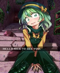 Rule 34 | 1girl, adapted costume, alternate headwear, blurry, blush, bow, drawstring, english text, glitch, green eyes, green hair, green overalls, hair between eyes, hat, hat bow, komeiji koishi, long sleeves, looking at viewer, no nose, open mouth, overalls, shimizu pem, short hair, sitting, sitting on stairs, smile, solo, stairs, third eye, touhou, window, yellow sleeves, zipper