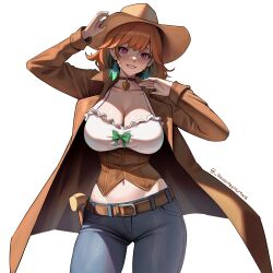 Rule 34 | 1girl, absurdres, alternate costume, belt, belt buckle, breasts, brown hat, buckle, choker, cleavage, coat, cowboy, cowboy hat, cowboy shot, cowboy western, denim, earrings, feather earrings, feathers, frilled shirt, frills, green ribbon, gun, handgun, hat, highres, hololive, hololive english, jeans, jewelry, large breasts, looking at viewer, midriff, navel, orange hair, pants, revolver, ribbon, seventeencrows, shirt, simple background, smile, solo, takanashi kiara, teeth, twitter username, virtual youtuber, weapon, western, white background