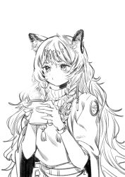 Rule 34 | absurdres, animal ear fluff, animal ears, arknights, bead necklace, beads, blanchat, braid, cup, grey eyes, grey thighhighs, greyscale, highres, holding, holding cup, jewelry, leopard ears, leopard girl, leopard tail, monochrome, necklace, pramanix (arknights), side braids, tagme, tail, thighhighs