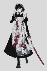 Rule 34 | 1girl, apron, arm belt, black dress, black footwear, black gloves, black hair, blood, blood on face, bloody weapon, bob cut, boots, cross-laced footwear, dress, ebanoniwa, full body, gloves, grey background, grey eyes, hand up, head tilt, highres, holding, holding sword, holding weapon, juliet sleeves, katana, kerchief, long dress, long sleeves, maid, maid headdress, original, parted lips, puffy sleeves, simple background, solo, standing, sword, walking, weapon, white apron, wiping face