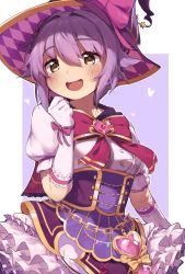 Rule 34 | 1girl, bad id, bad twitter id, blush, bow, breasts, brown eyes, dress, elbow gloves, frilled dress, frills, gloves, hair between eyes, hair flaps, hat, heart, highres, idolmaster, idolmaster cinderella girls, koshimizu sachiko, mg pong, open mouth, puffy short sleeves, puffy sleeves, purple hair, short hair, short sleeves, simple background, small breasts, solo, symbol-shaped pupils, two-tone background, white gloves, witch hat