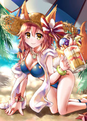 Rule 34 | 10s, 1girl, animal ears, beach, bikini, blue bikini, blush, breasts, cleavage, collarbone, day, ears through headwear, fate/extra, fate/grand order, fate (series), food, fox ears, fox tail, hat, hat ribbon, large breasts, light smile, long hair, looking at viewer, outdoors, palm tree, palms, pink hair, ribbon, solo, swimsuit, tail, tamamo (fate), tamamo no mae (fate/extra), tamamo no mae (swimsuit lancer) (fate), tamamo no mae (swimsuit lancer) (second ascension) (fate), tamamo no mae (swimsuit lancer) (third ascension) (fate), tree, yellow eyes