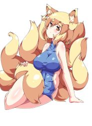 Rule 34 | 1girl, alternate costume, animal ears, arm support, bad id, bad pixiv id, bare shoulders, blonde hair, blush, bottomless, breasts, brown eyes, chinese clothes, covered erect nipples, female focus, fox ears, fox tail, large breasts, moisture (chichi), multiple tails, naked tabard, no bra, short hair, simple background, solo, tabard, tail, touhou, white background, yakumo ran