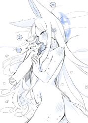 Rule 34 | 1girl, animal ear fluff, animal ears, blue archive, blush, collarbone, commentary request, completely nude, cowboy shot, disembodied hand, ear blush, extra ears, finger in another&#039;s mouth, fox ears, fox girl, fox tail, halo, hand grab, heart, hickey, highres, long hair, lying, nude, on side, pussy juice, seia (blue archive), spoken heart, tail, tearing up, trembling, very long hair, yun (dust-i1)